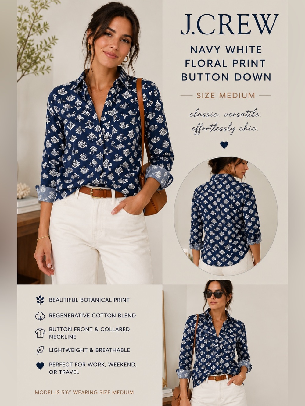 J.Crew Navy White Floral Print Button Down Shirt Size M